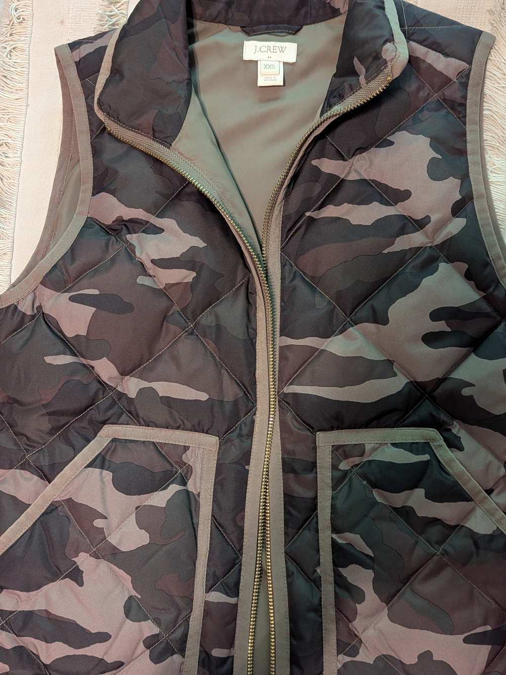 J. Crew Quilted Camouflage Vest in Olive and Brown
